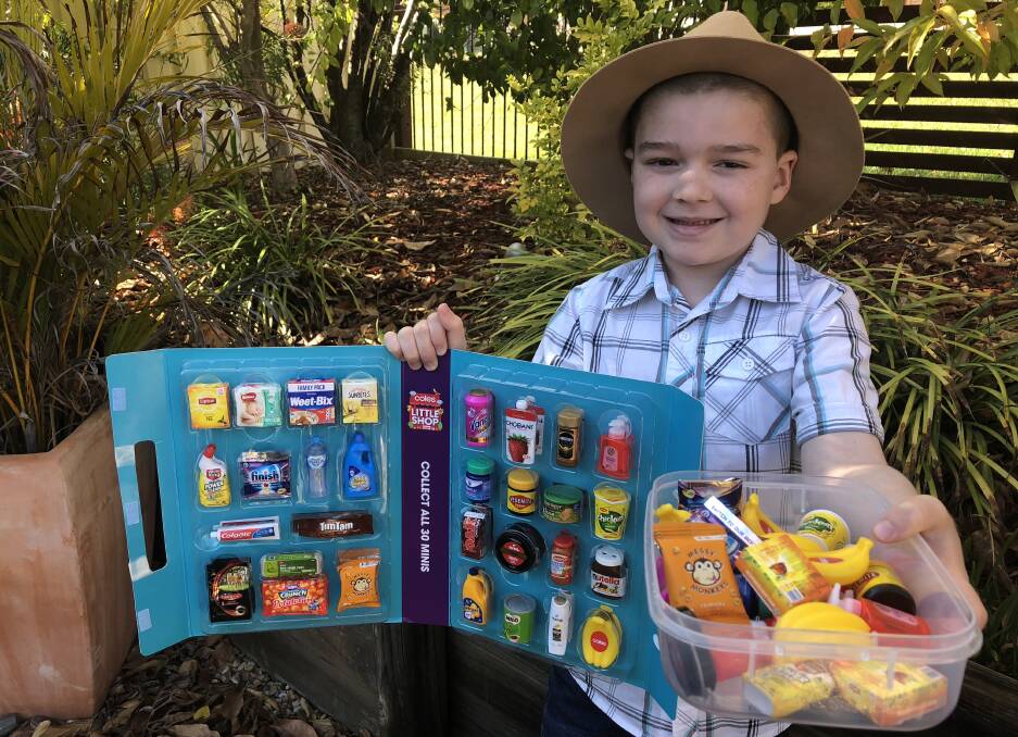 Jackson Waldon loves his Coles Little Shop set and still has an abundance of spares. The Tinonee boy chose to trade his spares for grocery and household items that could be given to farming families struggling with the impact of drought. Photo: Ainslee Dennis.