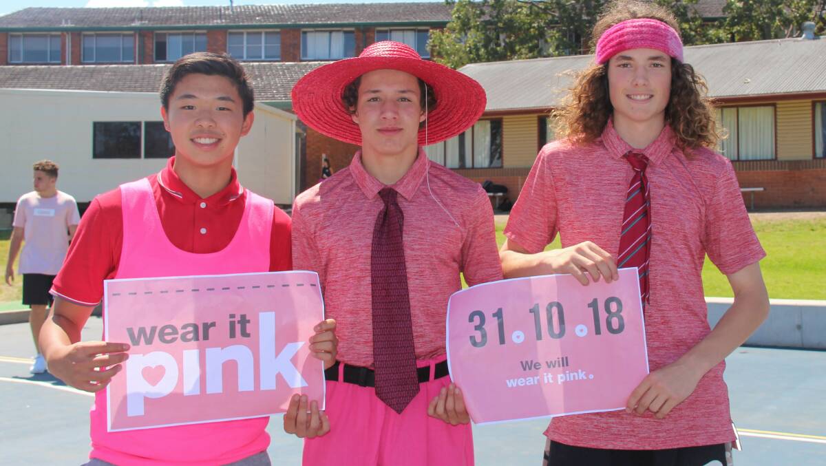 Wear it pink: Morgan Gao, Connor Debono and Callum Owen got creative to make a bold pink fashion statement for the St Clare's High School Pink Ribbon Day event.