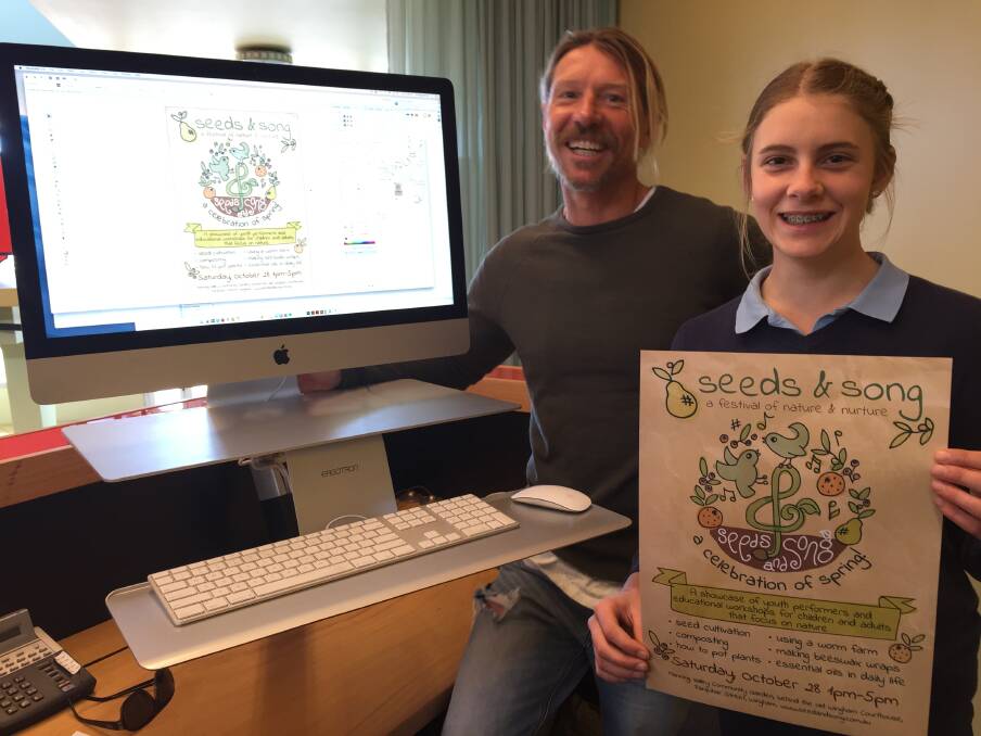 Wingham High School student Georgia Hudson holds the poster design for 'Seeds & Song' that was created and gifted by Well Creative partner, Chris Fagerstrom.