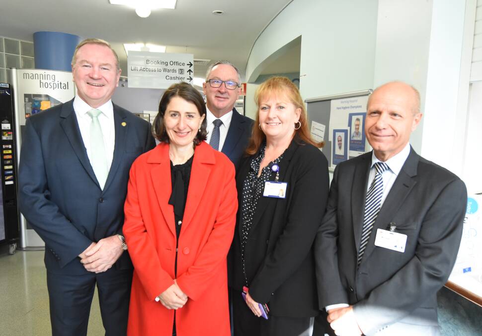 Member for Myall Lakes Stephen Bromhead, NSW Premier Gladys Berejiklian, NSW Health Minister Brad Hazzard, Manning Hospital general manager Jodi Nieass and Hunter New England Local Health District chief executive officer Michael DiRienzo. 