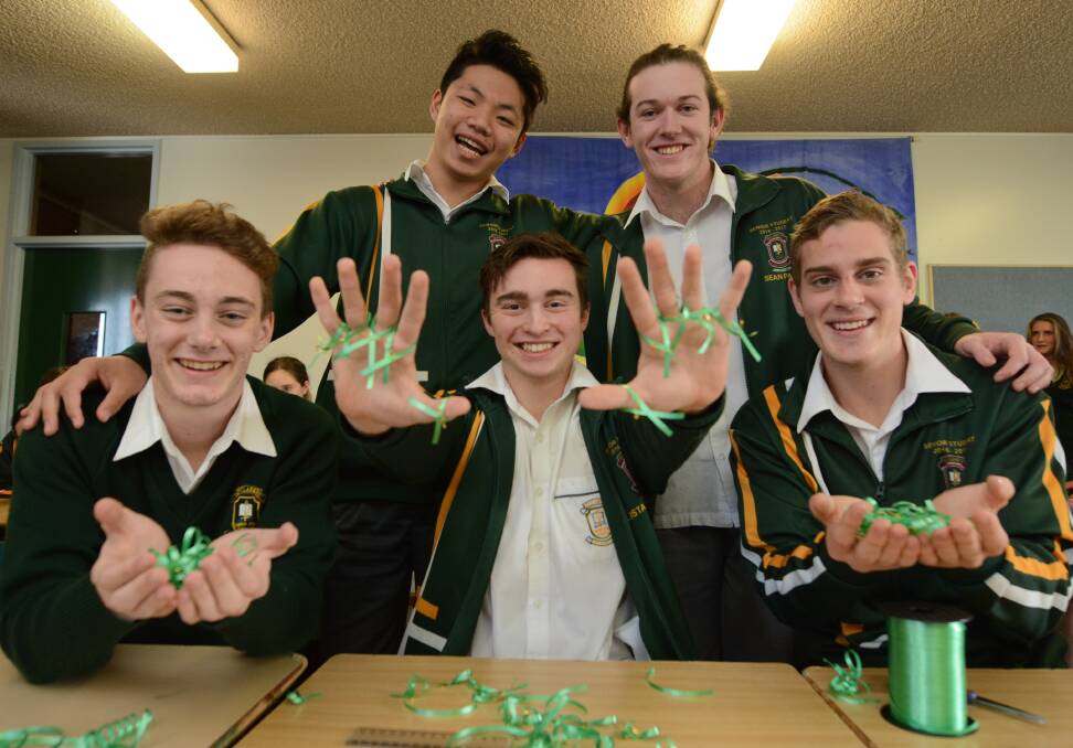 Ribbons for refugee: Kevin Lui, Sean Page, Samuel Thomson, Alistair Adamson and Michael O'Dwyer are members of the St Clare's High School human rights group that is seeking to increase student and community awareness of refugee issues.
