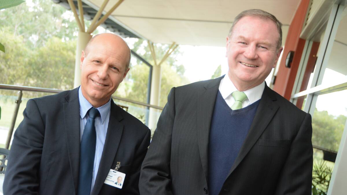 Hunter New England Health District chief executive officer, Michael DiRienzo and Member for Myall Lakes, Stephen Bromhead. Mr DiRienzo says he has had no “specific discussions with Stephen about Forster”.