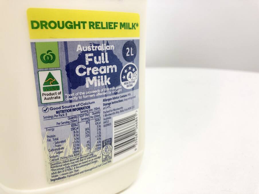 Woolworths Drought Relief Milk: The label says part of the proceeds of this milk goes directly to farmers affected by drought. Photo: Ainslee Dennis.