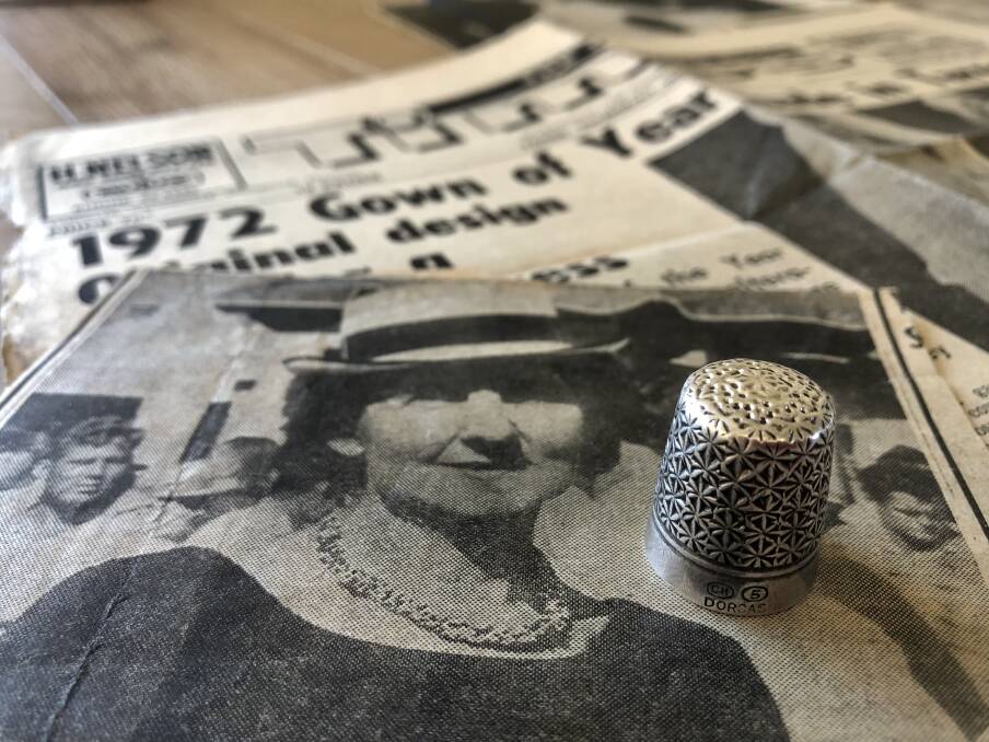The 76-year-old thimble belonging to the late Taree dressmaker, Rita Stone. Rita was one of three women who worked to create the acclaimed Gown of the Year in 1972. Photo: Ainslee Dennis.
