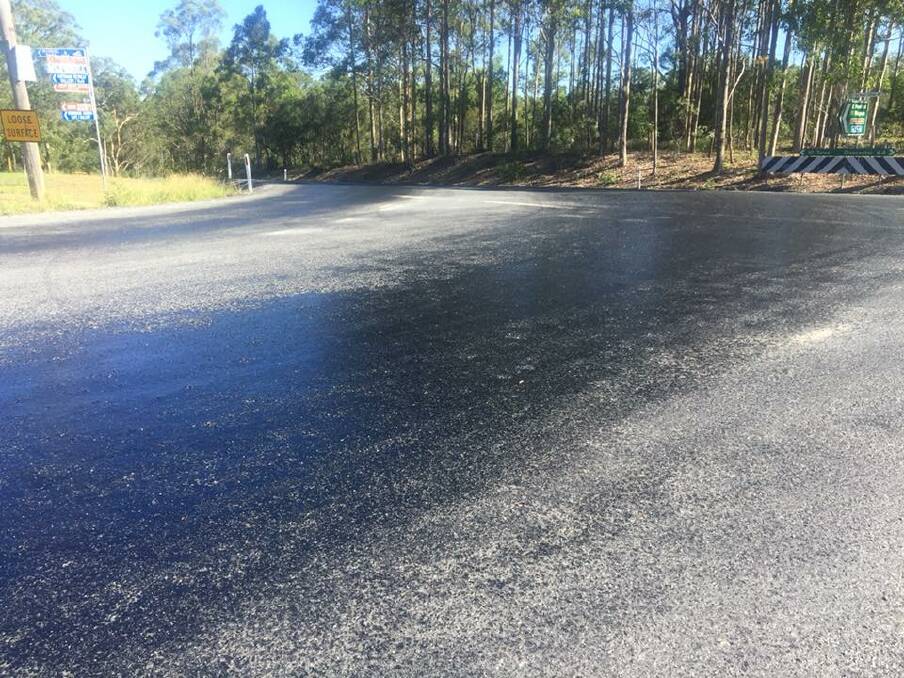 It's called bitumen bleeding and it's affecting new roadworks at the intersection of Manchester Street and The Bucketts Way at Tinonee.