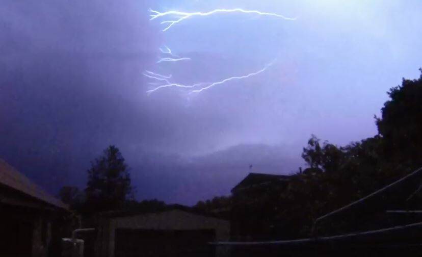 A screenshot of a video by Simmi Valgeirsson that shows the spectacular lightning that lit the night sky on Tuesday, January 9 in Tinonee.