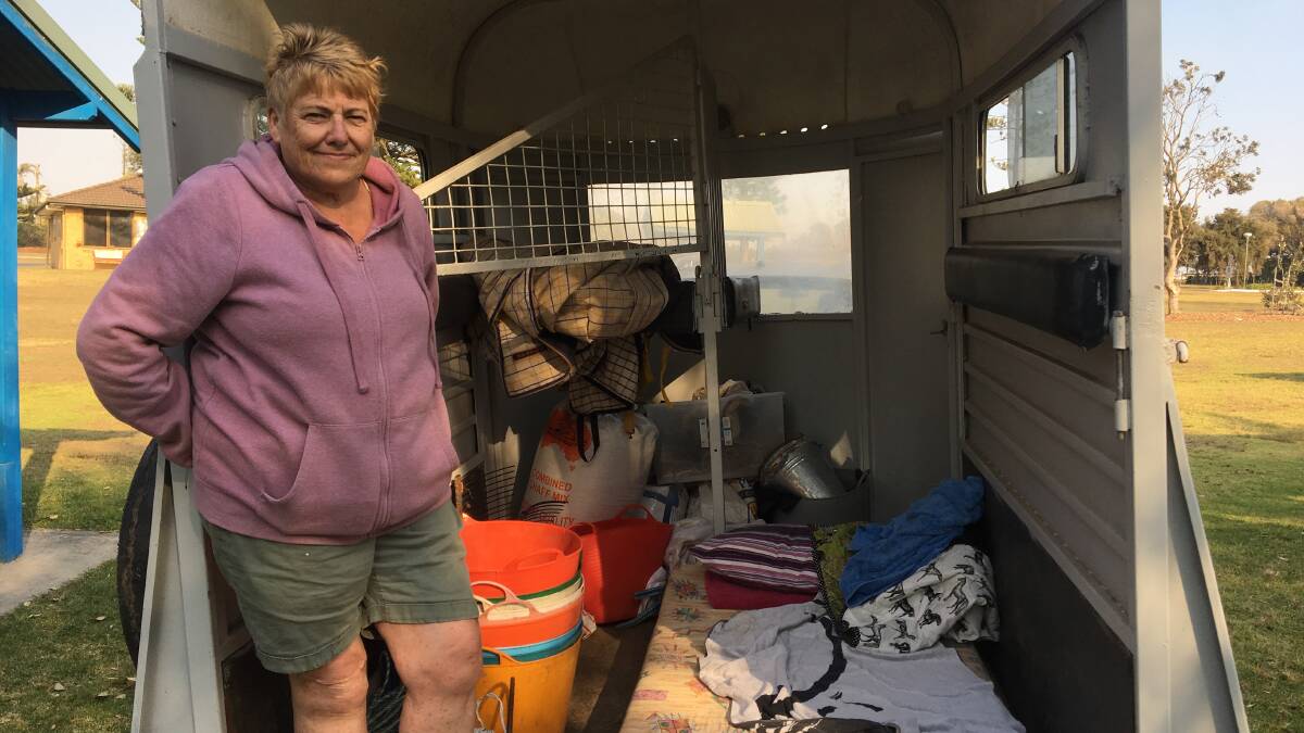 Carole Isaacs after spending the night in her horse float at Old Bar Beach.
