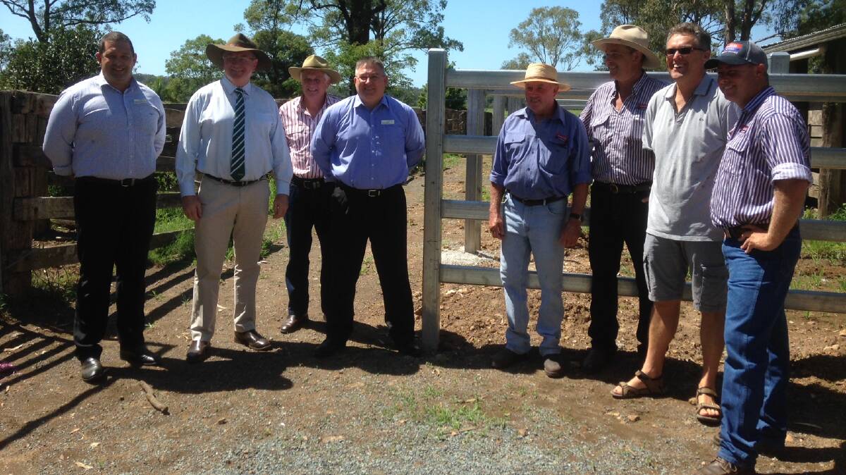 Myall Lakes' local member Stephen Bromhead with stakeholders at Nabiac’s cattleyards on Tuesday. No State funding was committed specifically to the yards, but Council will seek future funding opportunities. Photo by Catherine Brill. 