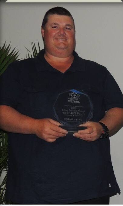 Sabino Ragno was recognised for 40 years contribution to Tuncurry Forster Football Club.