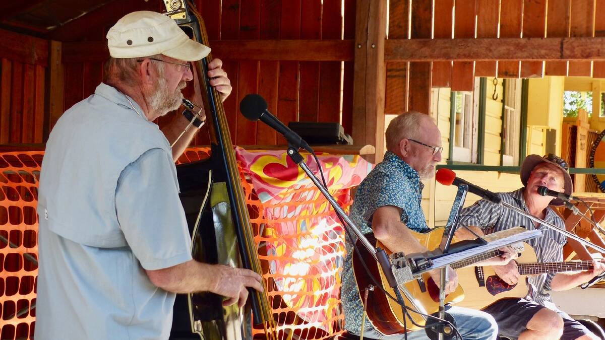 Red Cedar Band members Darren Swannack, Perter Amos and Garry Spicer rehearsing in the new Entertainment Shed at Killabakh (band members John Hawkins and Leo Generaux absent).