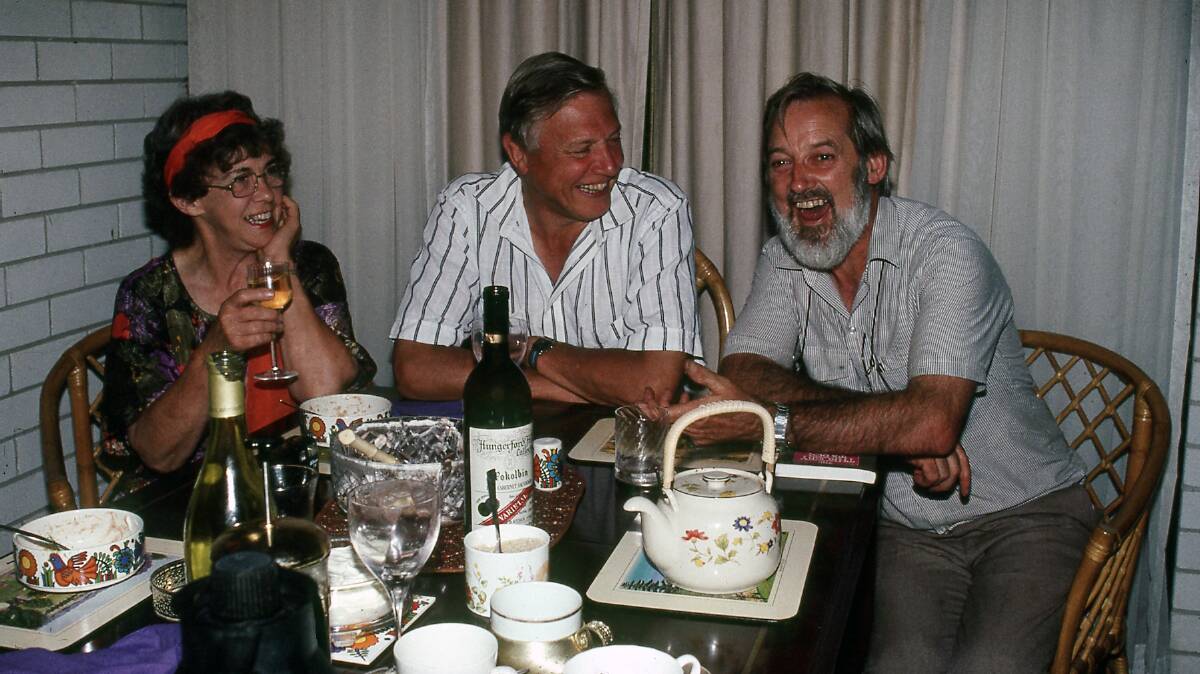 Densey Cline, Sir David Attenborough, and Jim Frazier. "David told a joke," Jim explains. Photo: supplied