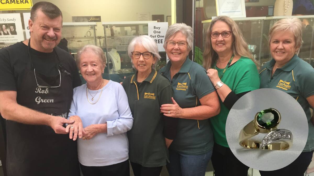 Ring win: Jeweller Robin Green, Norma Single, Can Assist Manning Valley members Bonita Lindfield, Barbara Hayes, Sharon Smyth and Julie Jeffries. Photo: Julia Driscoll