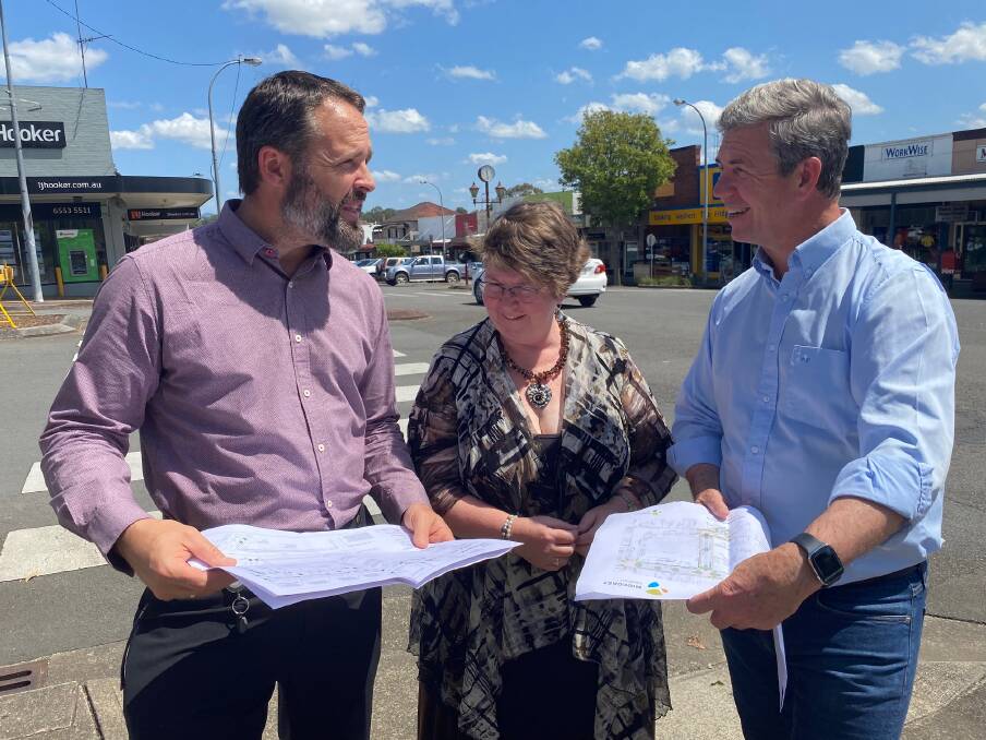 Discussing plans: MidCoast Council director infrastructure and engineering Rob Scott, Wingham Chamber of Commerce president Liz Jarvis, and Federal Member for Lyne Dr David Gillespie in Wingham. Photo: Julia Driscoll