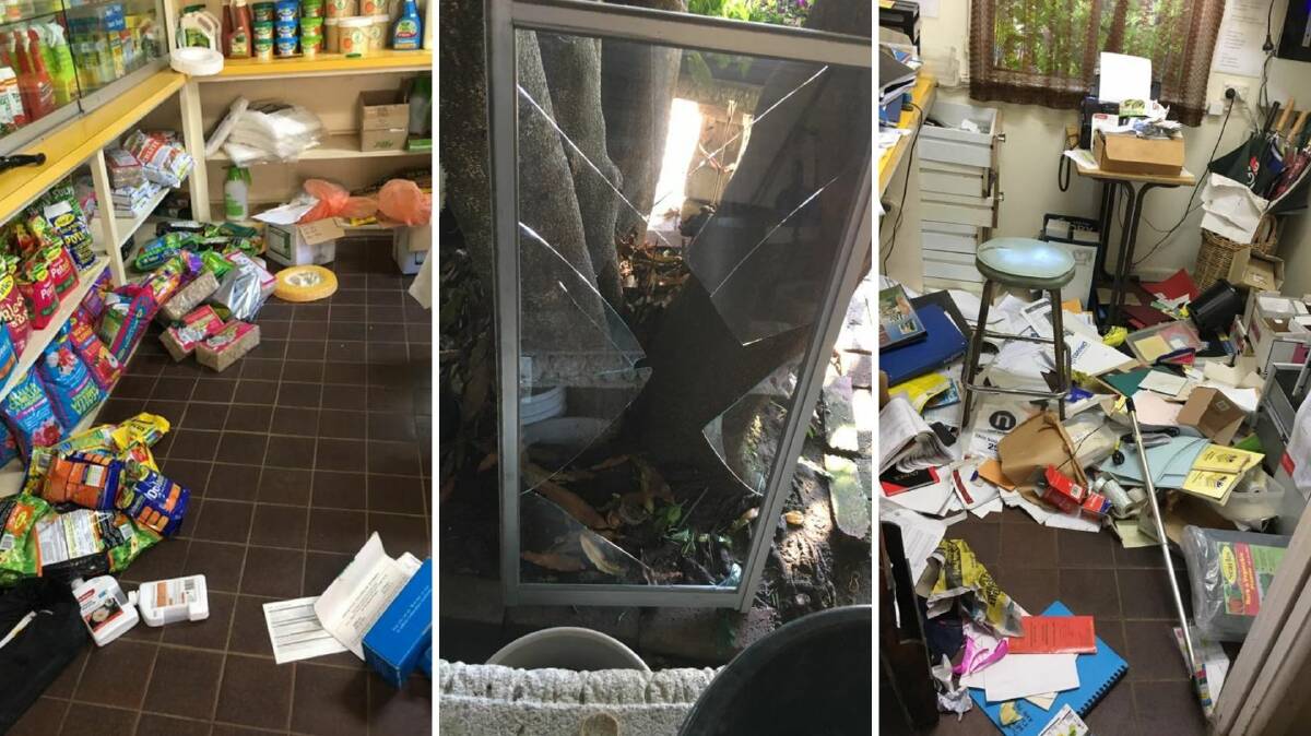 Trashed: The mess thieves left behind at Wingham Nursery and Florist took days to clean up. Photos: supplied