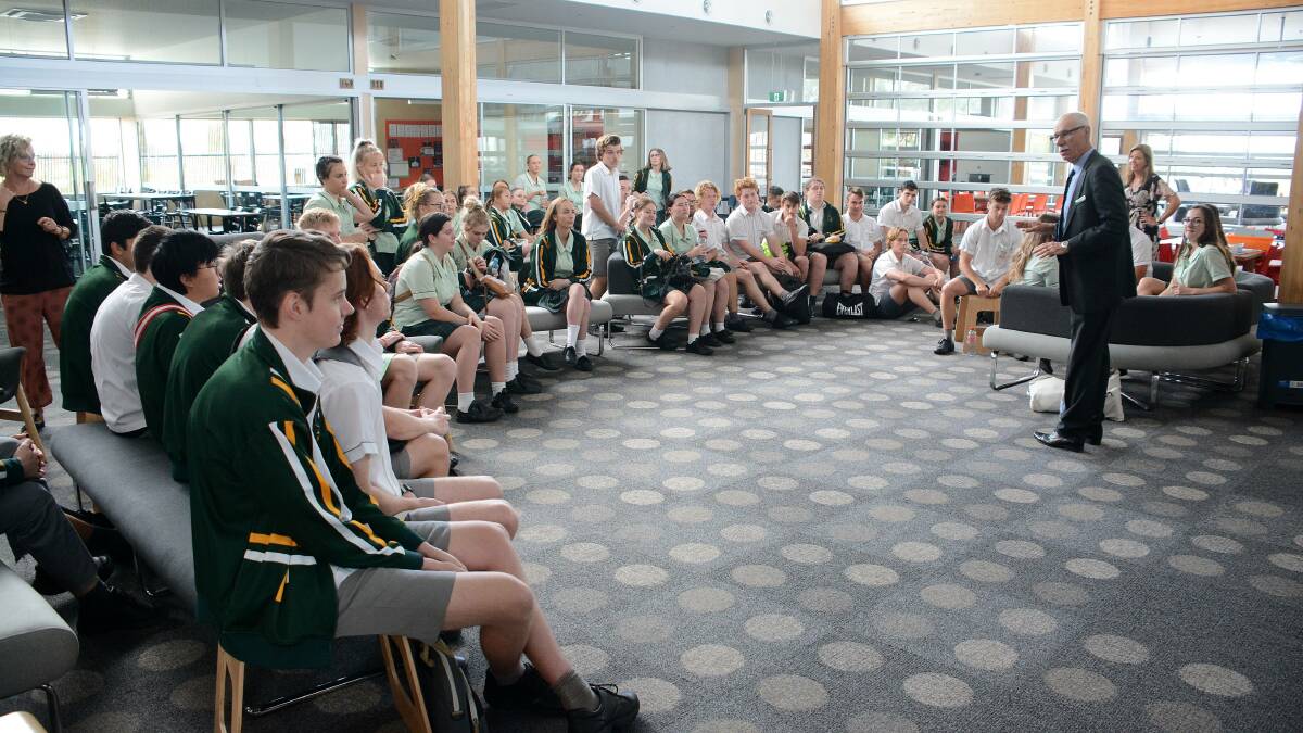 St Clare's principal Peter Nicholls addresses the Year 12 students after the exam. Photo: Scott Calvin