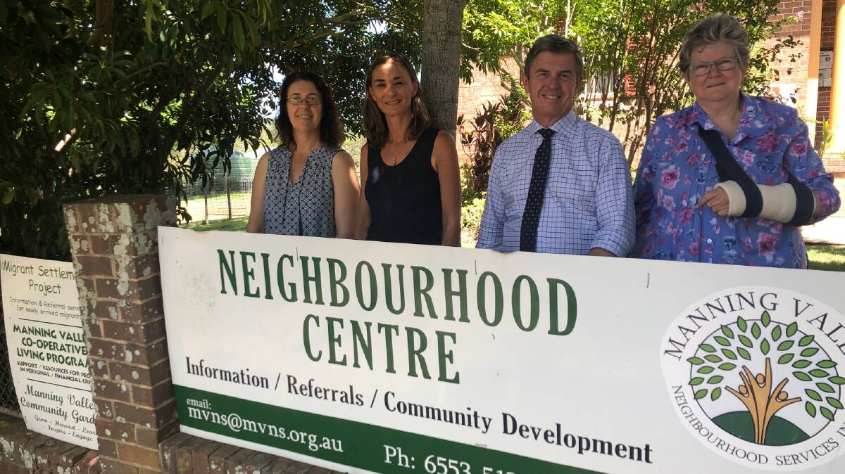 Member for Lyne Dr David Gillespie visited MVNS to announce the funding. Pictured with MVNS admin officer Kerrie McTaggart, migrant worker Jane O'Dwyer and chairperson Angela Pink. Photo supplied
