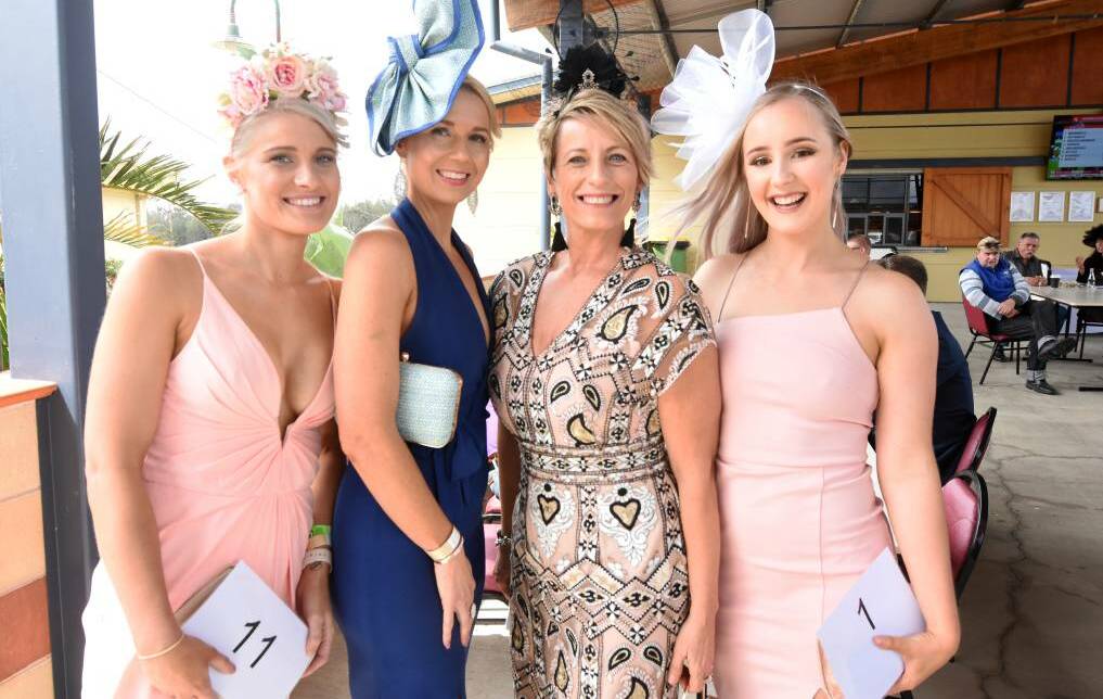 Fashions on the Field: Shirley Clarke (third from left) at Taree Racecourse on Melbourne Cup Day, 2019. Photo: Scott Calvin