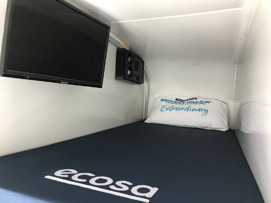 A sleepbus sleeping pod, with a mattress donated by Ecosa. Photo supplied
