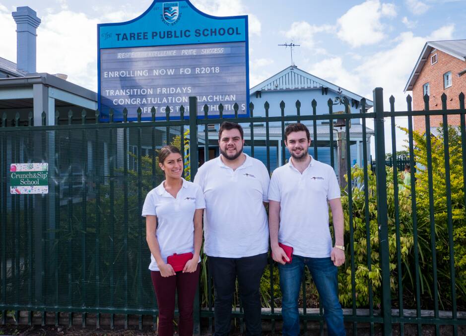 Bawurra Foundation visit: Monique Shipp (CEO), Jesse Slok (co-founder and chairman) and Alexander Stonyer-Dubinovsky (co-founder and director) at their 2017 visit to Taree Public School. Photo: submitted