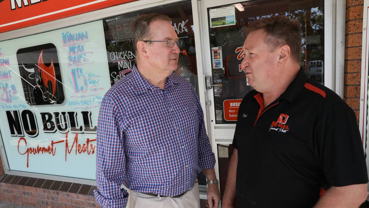 Stephen Bromhead speaks with small business owner, butcher Phil Turner of No Bull Gourmet Meats at Forster Keys.