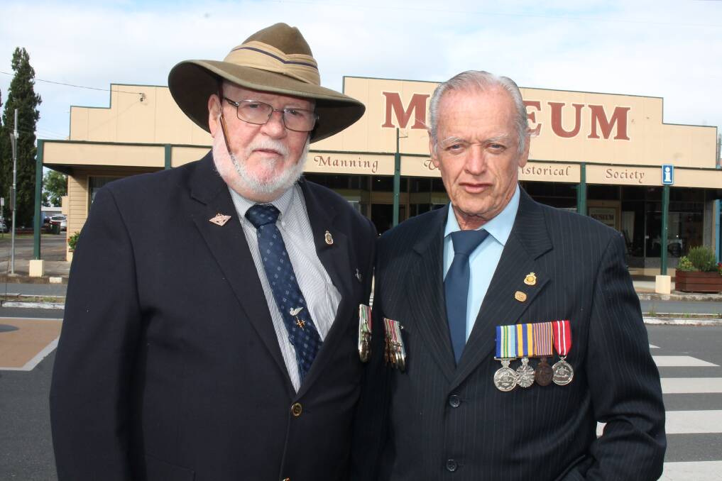 Wingham RSL Sub-branch members and ex RAAF personnel Tony Ryan and Ron Wilson who attended the 100th anniversary of Royal Australian Air Force at Anzac Place, Wingham. Photo: Pam Muxlow