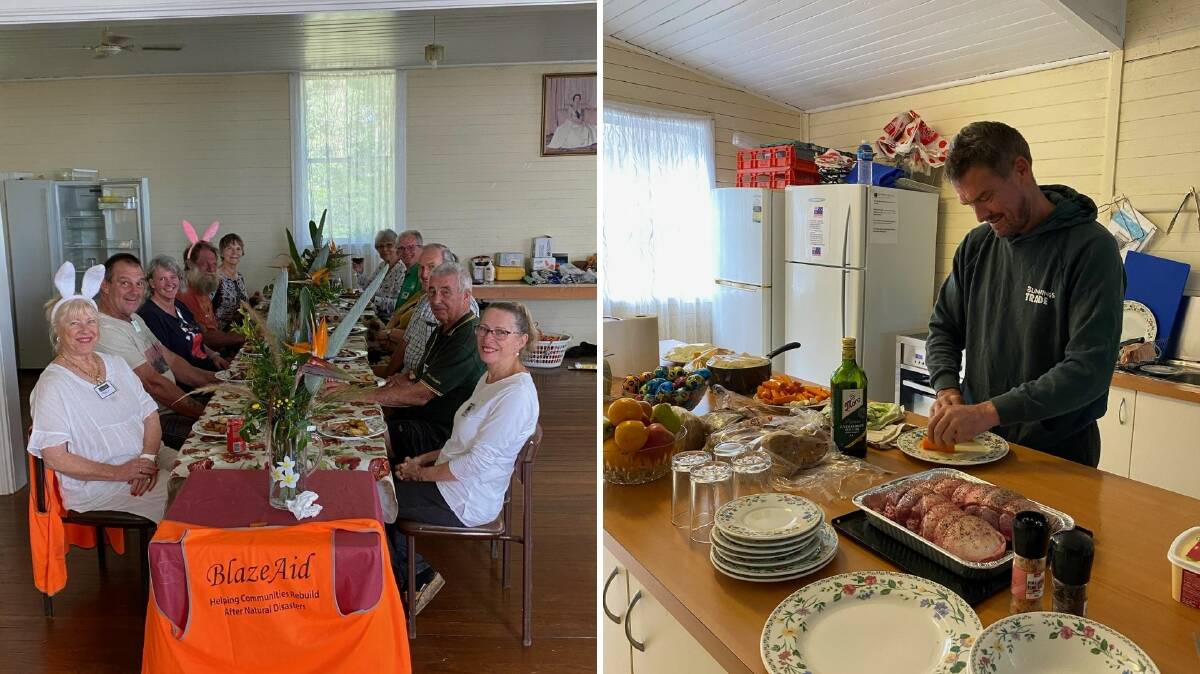 Blaze Aid volunteers and Oxley Island community members enjoying lunch (left), prepared by Blaze Aid coordinator Brad Young (right). Photos supplied