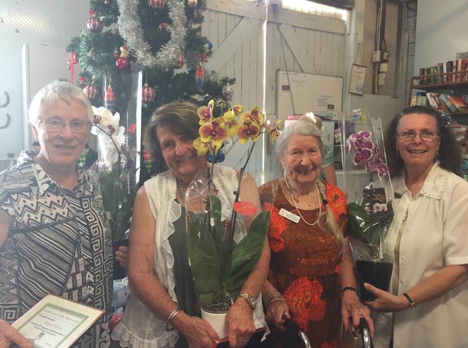 Wingham Spinners and Craft life membership recipients Margaret Thomson, Phyllis Byrnes, and Marjorie Rees with president, Lyn Hull. 