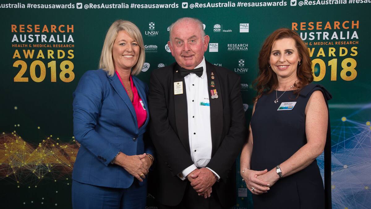 Great Australian philanthropist: Bill Burges with Member for Swansea Yasmin Catley and CEO of Research Australia, Nadia Levin. Photo: supplied