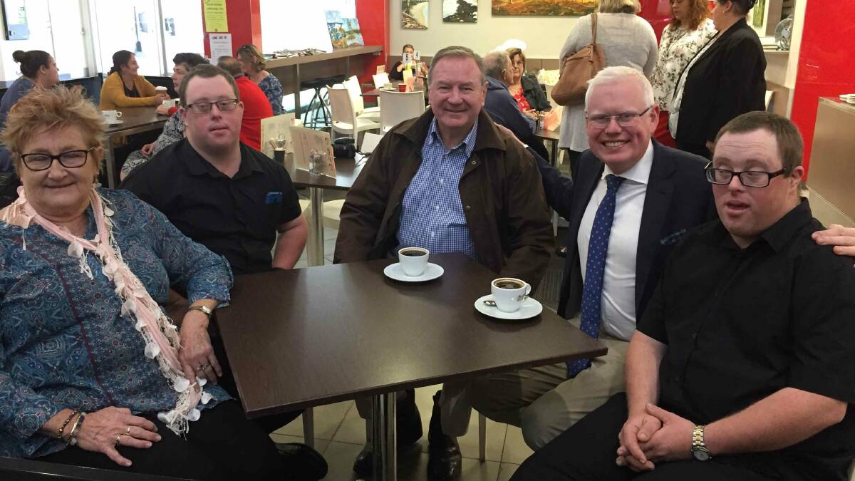 Denise Polley, Beau Polley, Stephen Bromhead MP, Minister Gareth Ward, and Adam Polley at Little Red Cafe in Wingham. Photo: Julia Driscoll