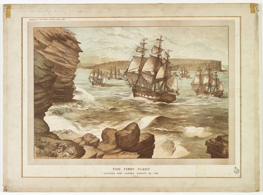 The First Fleet entering Port Jackson on January 26, 1788 by Edmund Le Bihan.