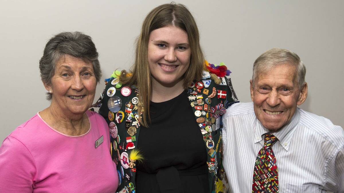 Exchange student Bailee Pinnock with grandparents Herb and Dawn Beer at a Rotary Club of Taree meeting. Photo: Ashley Cleaver/Cleavers Images
