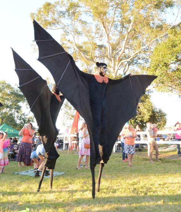 Representing Wingham: CircArtUs stilt walkers wowed the crowd with their new grey-headed flying fox and native blue-banded bee costumes, made thanks to crowd funding. Photo: Scott Calvin