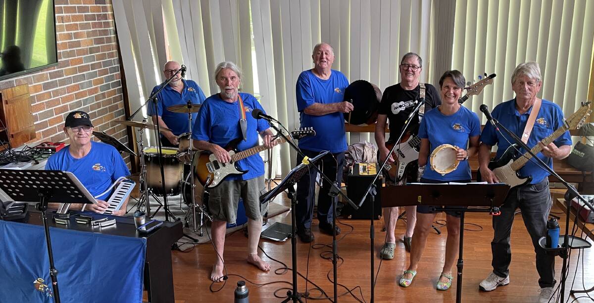 Members of the Art and Soul Band rehearsing. From left Mark, Dave, Ian, Rod, Greg, Jillian and Tony. Photo Julia Driscoll