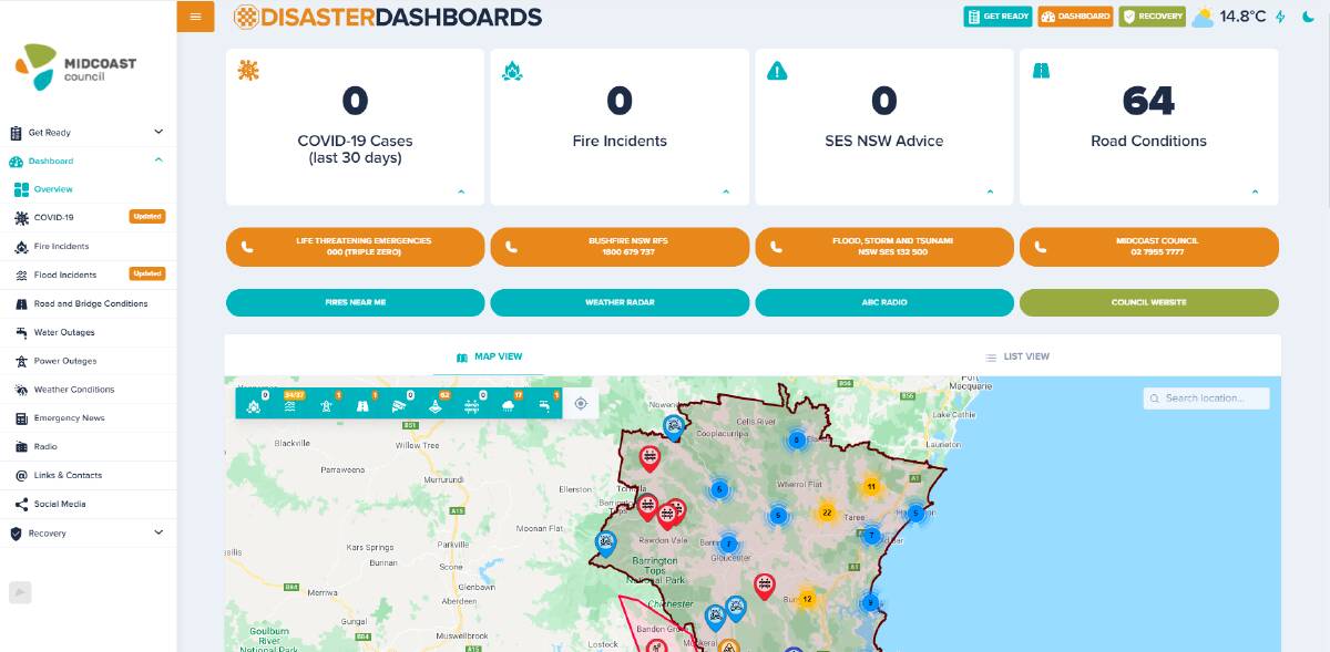 A screenshot of MidCoast Council's online Disaster Dashboard.