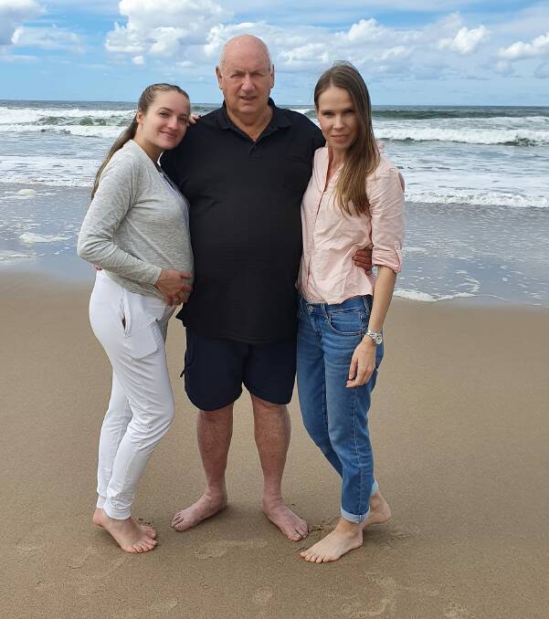 Daryna, Rodney O'Regan and Tetiana at Forster, while the Ukranian girls were visiting Rodney at Hillville over Easter. Photo supplied