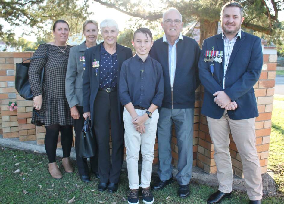 Family of Curley Wamsley: Laura Wamsley-Taylor, Julie Wamsley, Kerry Marriott, grandson Cooper Wamsley-Taylor, John Marriott, Chad Wamsley-Taylor at the Anzac Sunset Service for C S Curley Wamsley at Wingham. Photo: Pam Muxlow