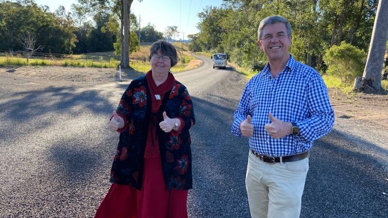 Thumbs up: Wingham Chamber of Commerce president Liz Jarvis and Federal Member for Lyne Dr David Gillespie approve of recent works on Bulga Road. Photo: supplied