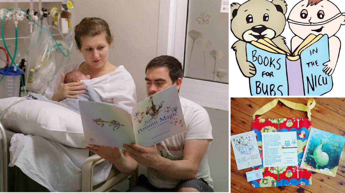 Taycee and Owen reading to Jarrah in the NICU, the Books for Bubs in the NICU logo with the bear representing Bodie and the baby representing Jarrah, and an example of a book bag. Photos provided