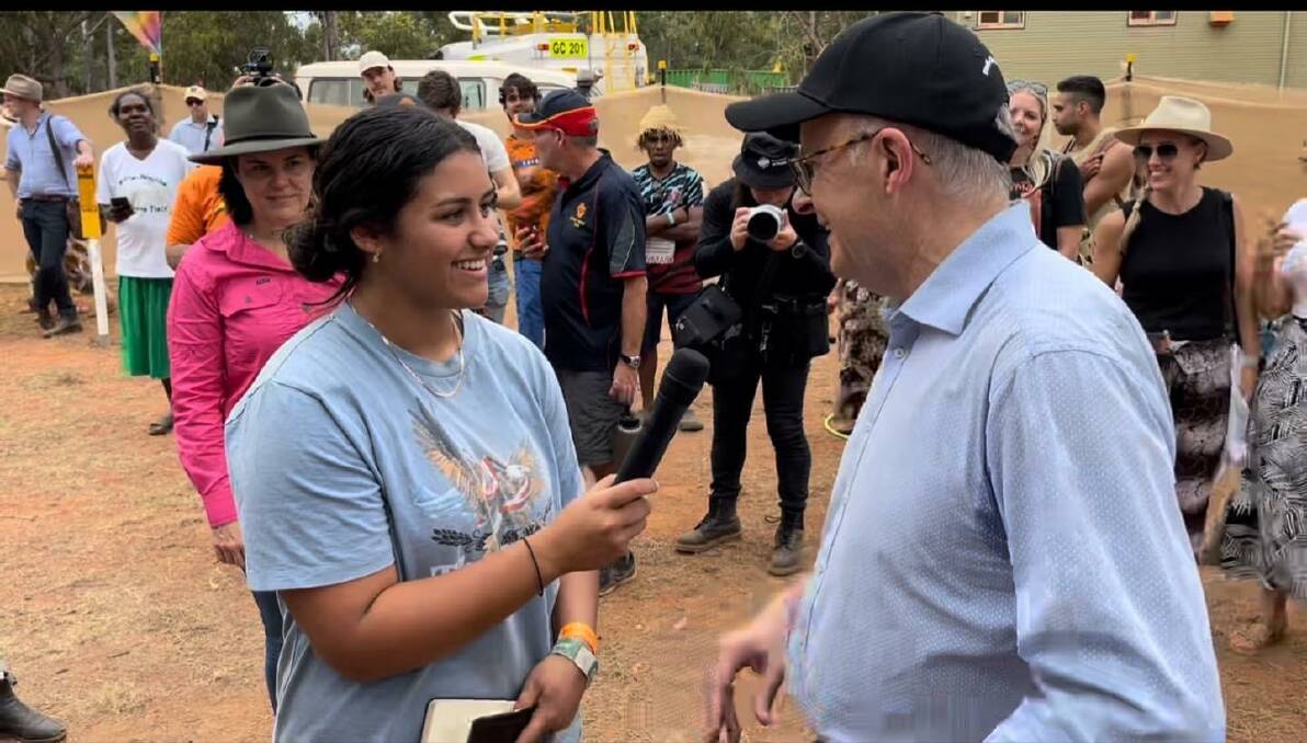 Amarley interviewing Prime Minister Anthony Albanese at the Garma Festival. Image supplied
