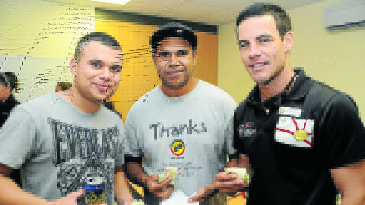 Josh Ricketts, Wayne Paulson and Taree High's Aboriginal education officer Brendan Croker, who are all supporting the project, during a lunch break.