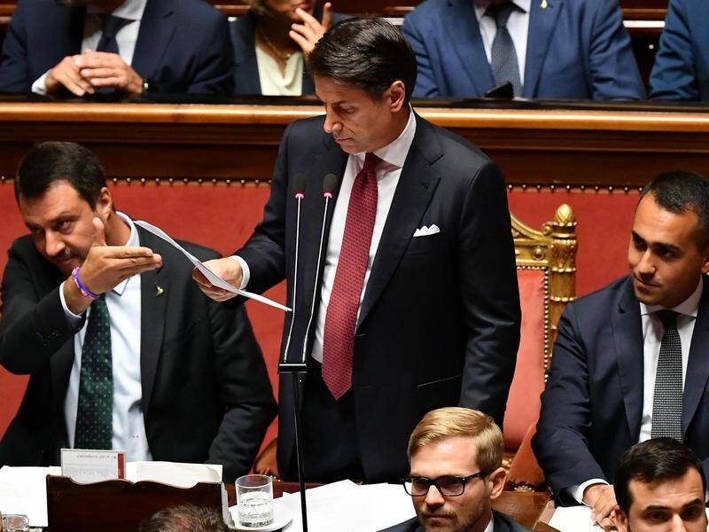 Italy's PM Giuseppe Conte (C) has lashed Matteo Salvini (L) for bringing down the government.