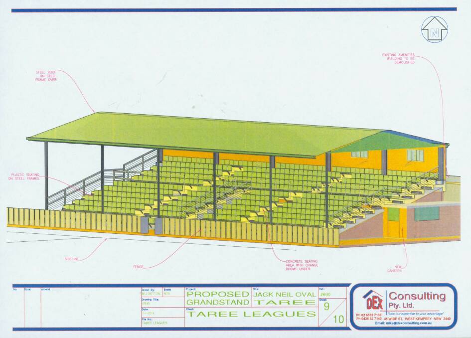 A design of the grandstand capable of seating 600 spectators that could be built at the Jack Neal Oval, if Taree Leagues and Sports Club is successful in seeking a grant of $1.5million.