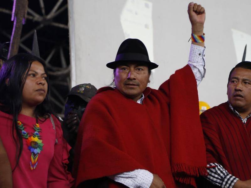 Leonidas Iza (second L) was among Ecuador's indigenous leaders protesting over the cost of living.