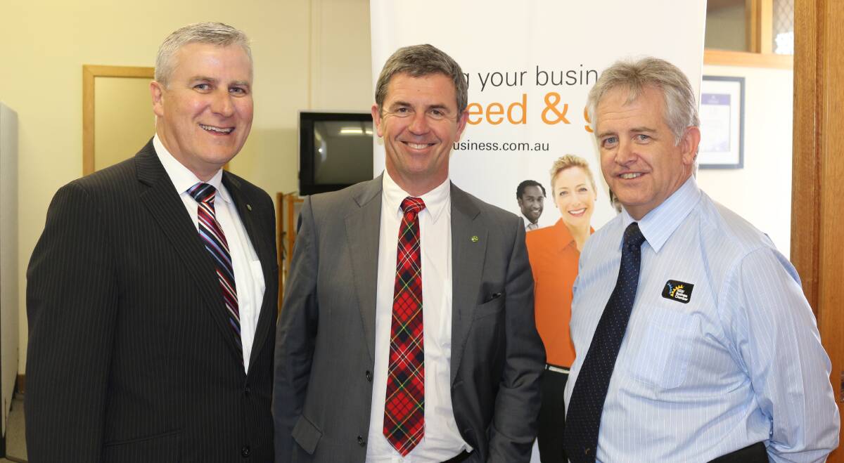 NSW Business Chamber Regional Manager, Mid North Coast, Kellon Beard (right) with federal member for Lyne, Dr David Gillespie (centre) and deputy Prime Minister, Michael McCormack. (File shot)