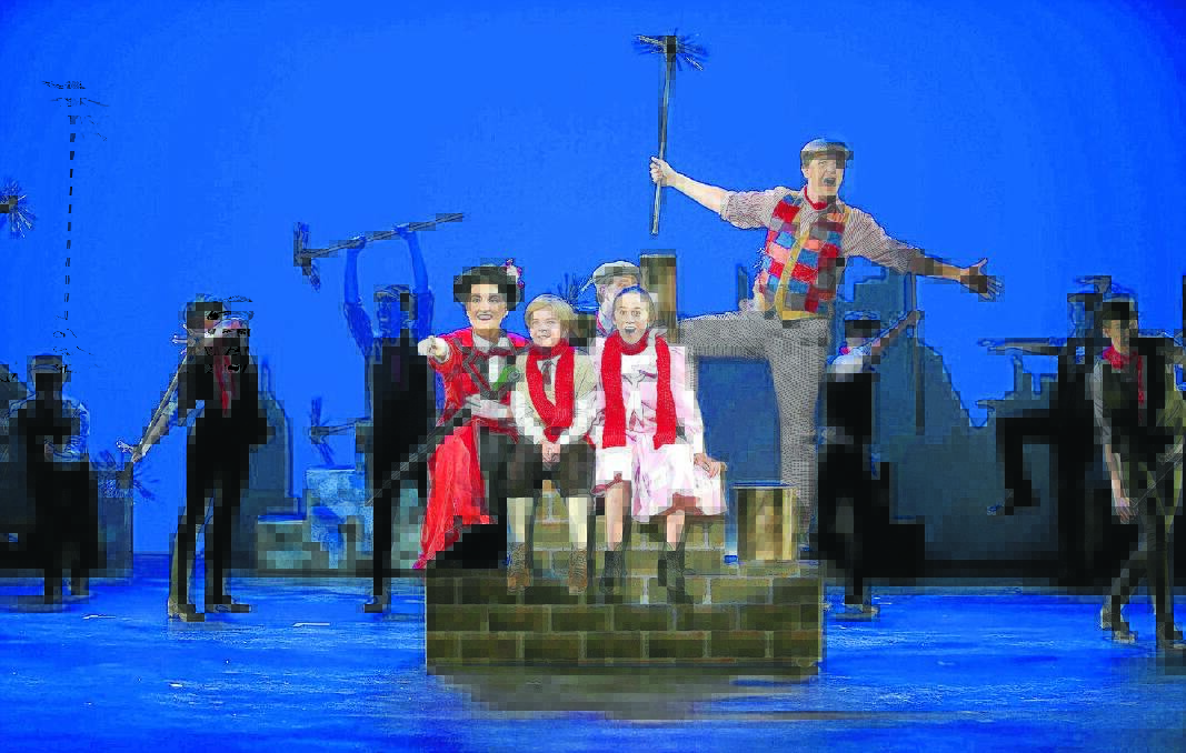 A magical show: Mary Poppins (Elizabeth Hall), Michael (Cassidy Donovan), Jane (Georgina Saad) and Bert (Jeremy MIller) take a ride on a chimney. Photo:?Ashley Cleaver/Cleavers Images