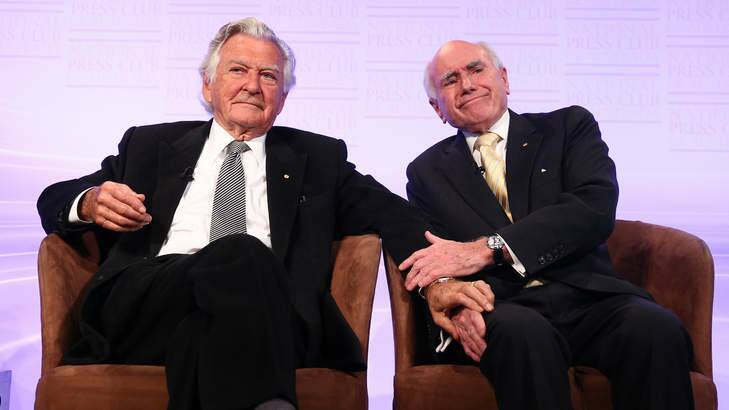 Former prime minister Bob Hawke with former prime minister John Howard at the National Press Club's 50th anniversary address. Photo: Alex Ellinghausen