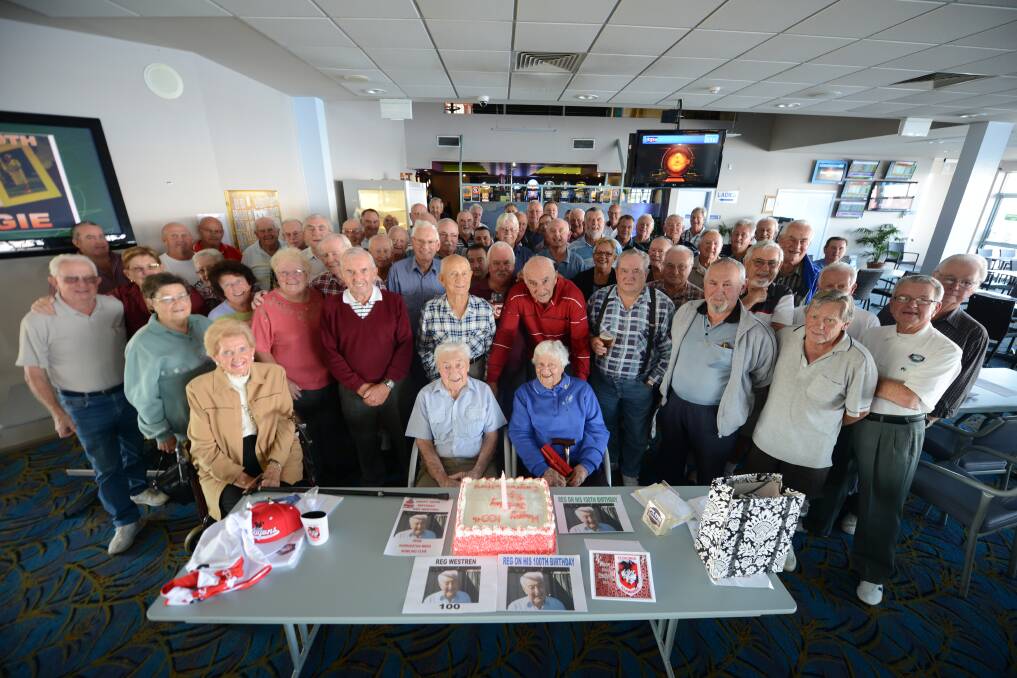 Reg and Olive Westren flanked by friends and family at his 100th birthday celebrations at Harrington Bowling Club on June 5.