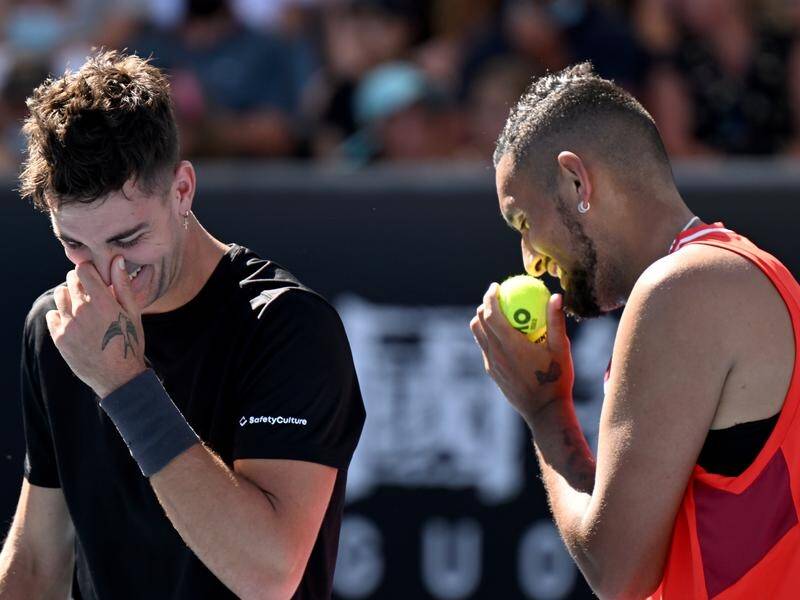 Thanasi Kokkinakis (left) and Nick Kyrgios have had the last laugh in the AO doubles.