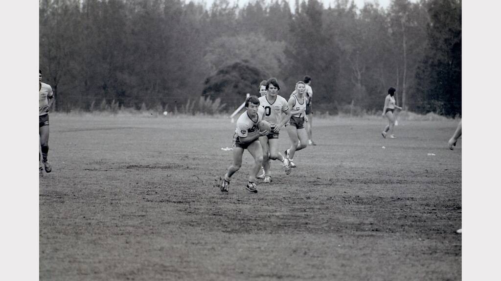 1986 Westmont State Cup touch football tournament - Tony Hinton (with ball) Shane Ludeke.