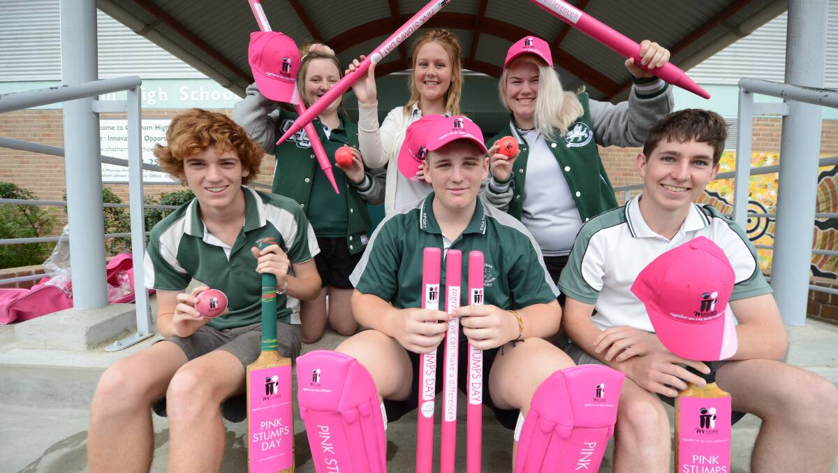 Hosting a pink stumps day: Chatham High students, (back) Kelly Kemp, Alysa Anderson, Taylah Davey, (front) Zac Corbett, Nathan Potts, Kaleb McCubbin ready to play cricket.
